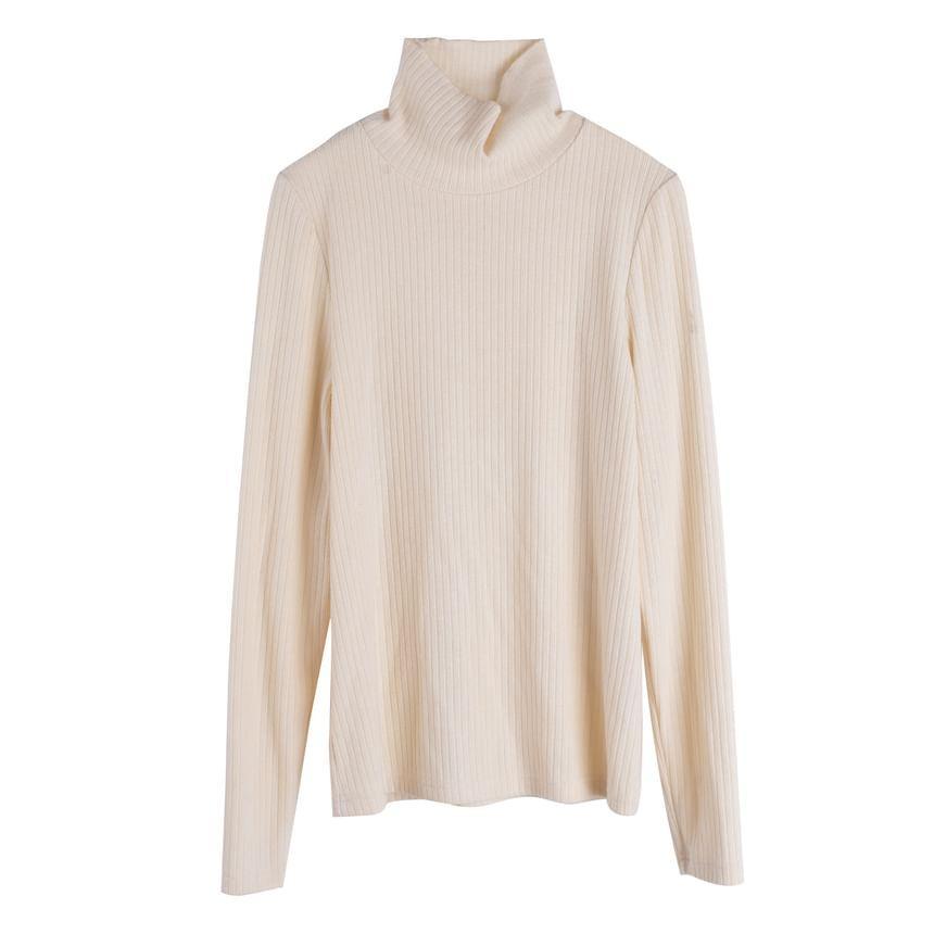 Plus Size Long-Sleeve Mock Neck Plain Ribbed Knit Top / V-Neck Fluffy Trim Vest / High Waist Midi Straight Skirt Product Image