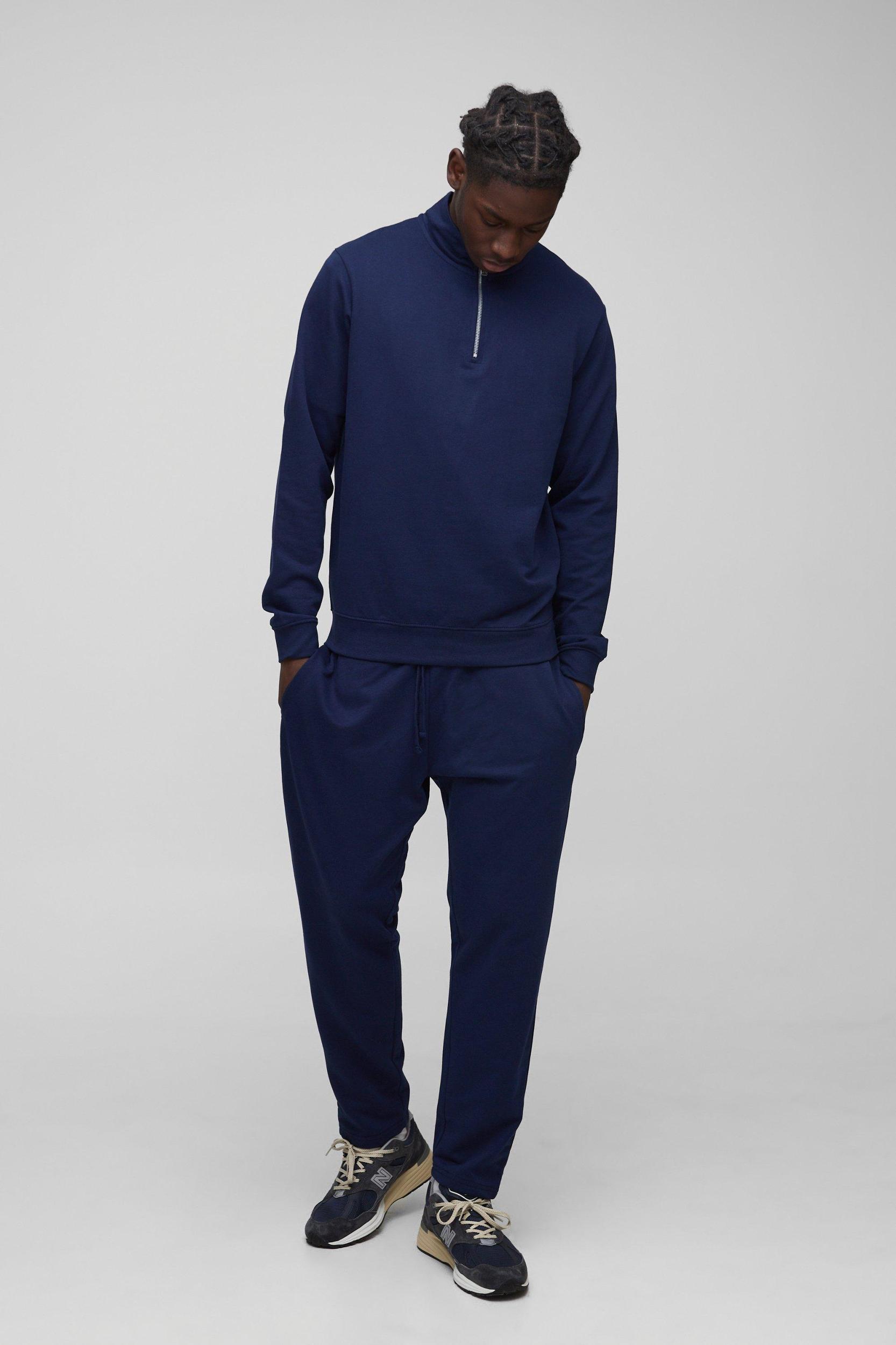Mens 260GSM Loopback Basic Regular Fit Quarter Zip Sweatshirt and Relaxed Tapered Sweatpants Set - Navy Product Image