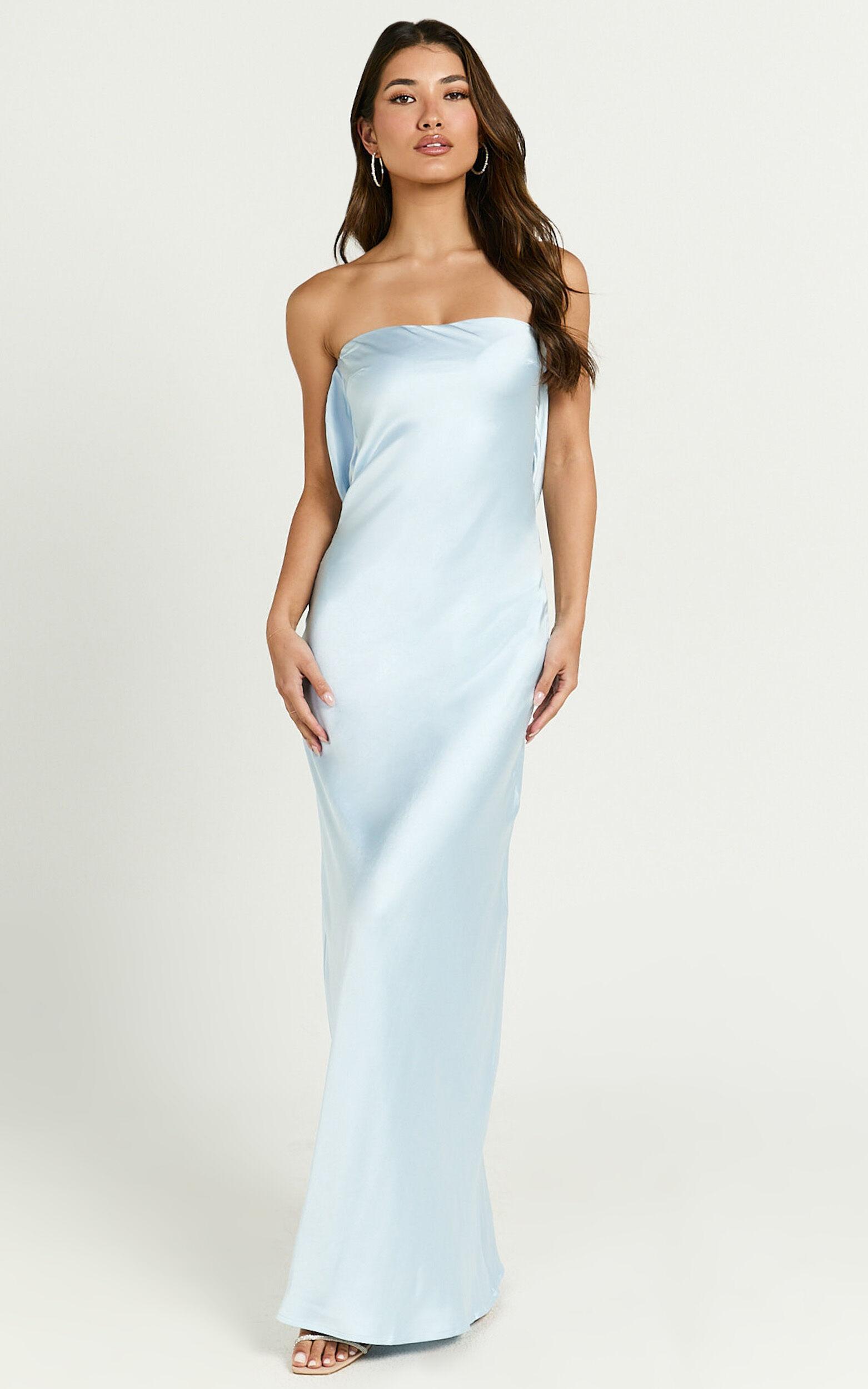 Charlita Maxi Dress - Strapless Cowl Back Satin Dress in Light Blue Product Image