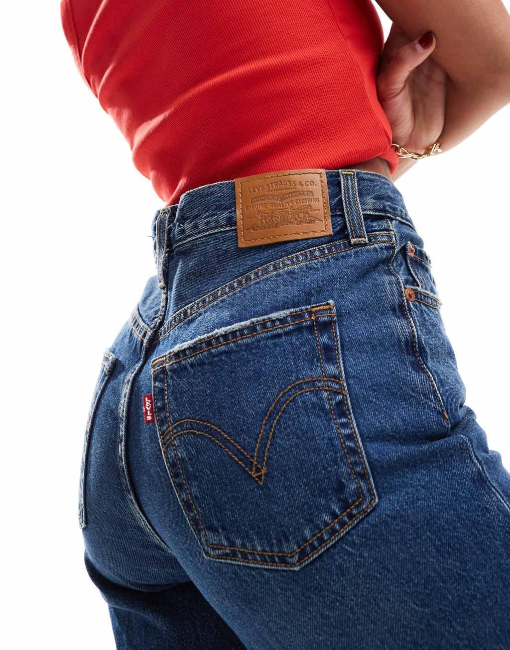 Levi's ribcage high rise wide leg jeans in dark blue Product Image