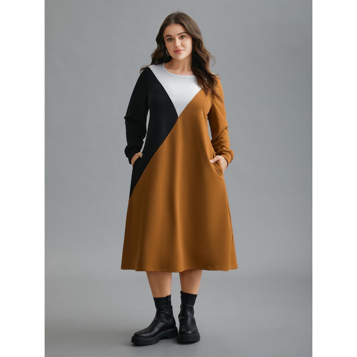 Plus Size Colorblock Contrast Pockets Knitted Midi Dress Yellowishbrown Women Casual Contrast Knit Dresses Bloomchic 30/6X Product Image