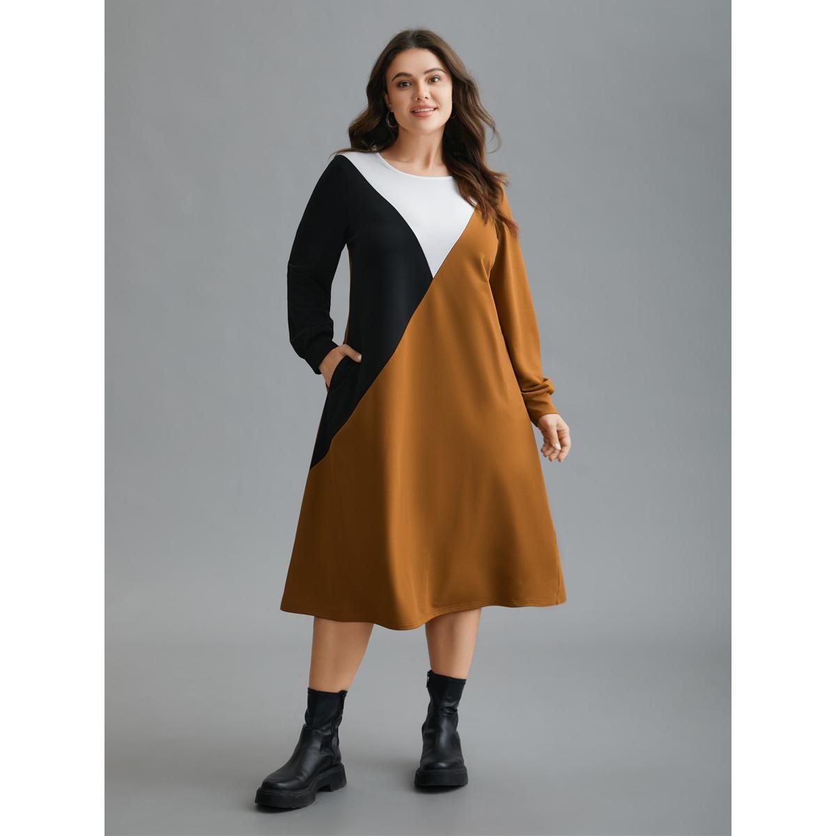 Plus Size Colorblock Contrast Pockets Knitted Midi Dress Yellowishbrown Women Casual Contrast Knit Dresses Bloomchic 30/6X Product Image