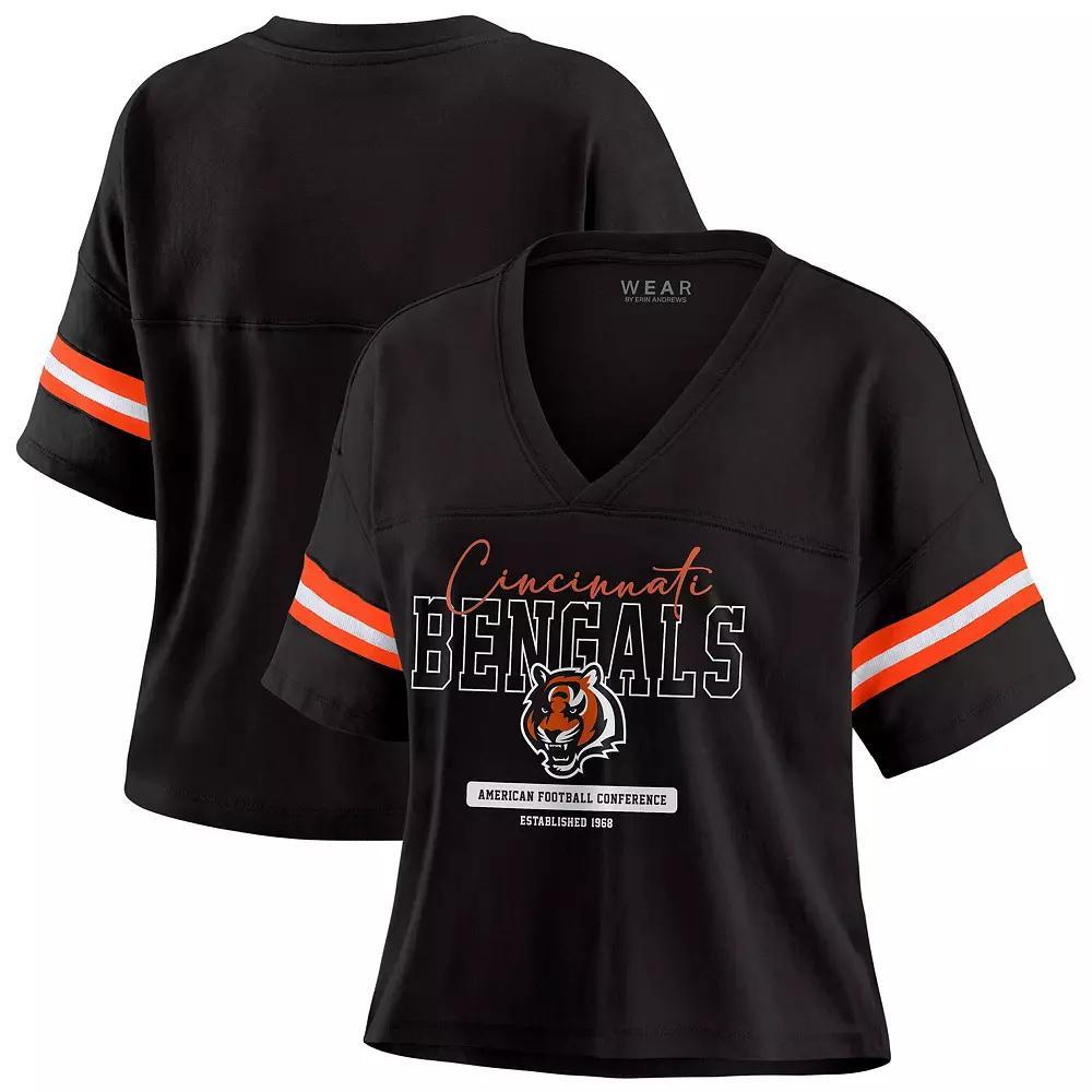 Women's WEAR by Erin Andrews Black Cincinnati Bengals Color Block Boxy Modest Crop V-Neck T-Shirt, Size: XL Product Image