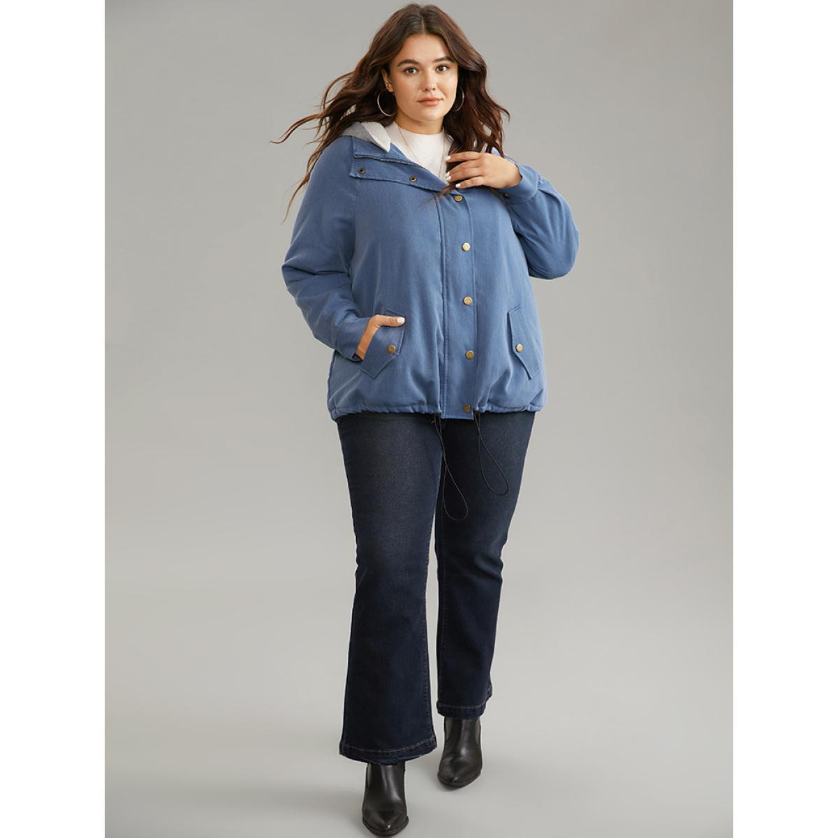 Plus Size Denim Hooded Drawstring Fuzzy Patchwork Jacket Women Blue Lined Pocket Dailywear Jackets BloomChic 26/4X Product Image