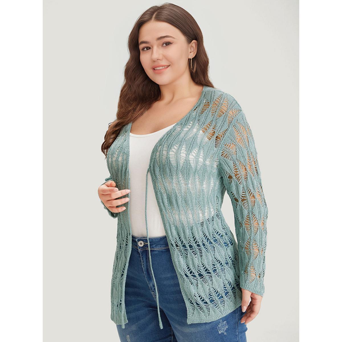 Plus Size Solid Tie Front Hollow Out Cardigan Stone Women Casual Loose Long Sleeve Everyday Cardigans BloomChic 26/4X Product Image