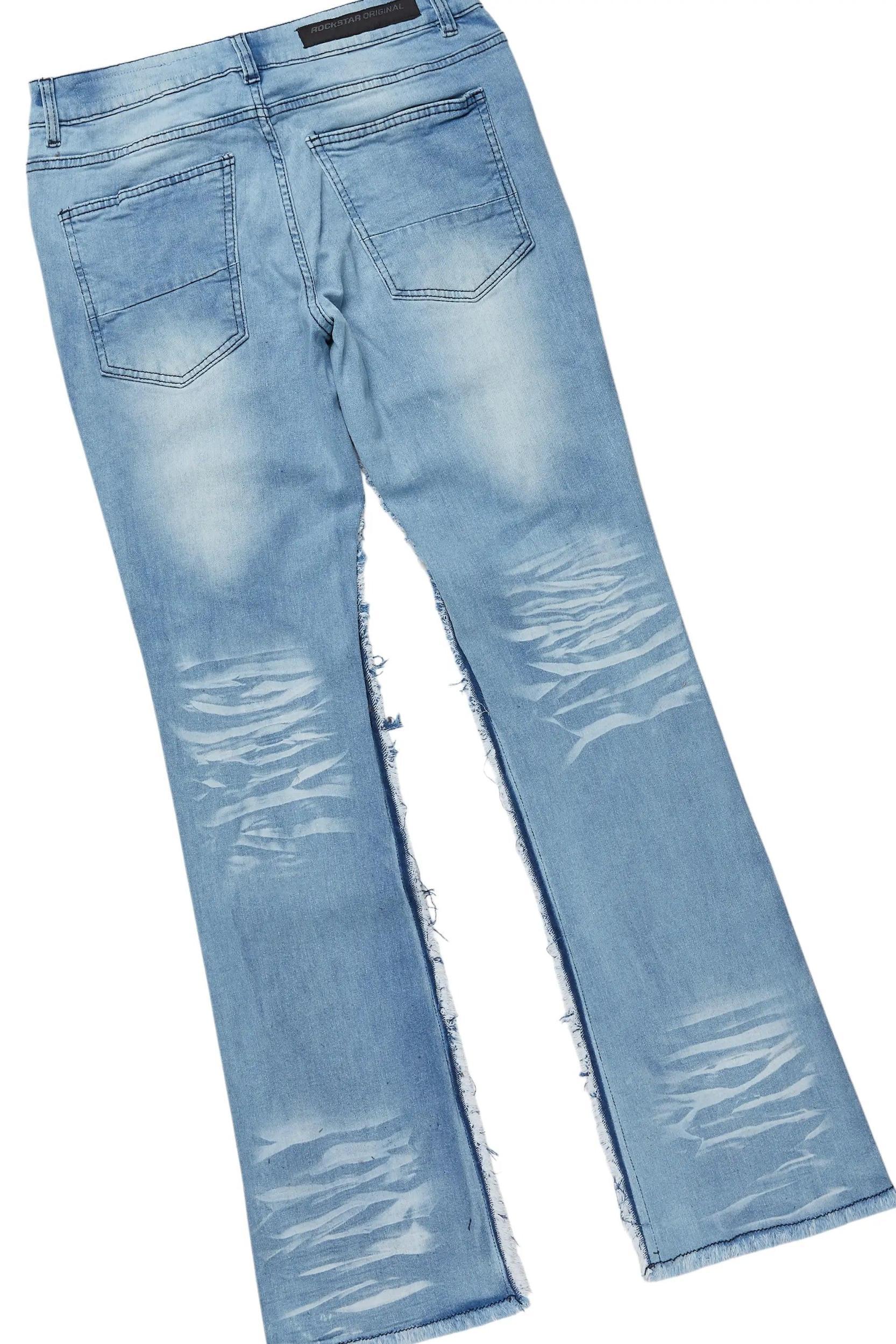 Amos White/Blue Rhinestone Long Sleeve T-Shirt/Stacked Flare Jean Set Male Product Image