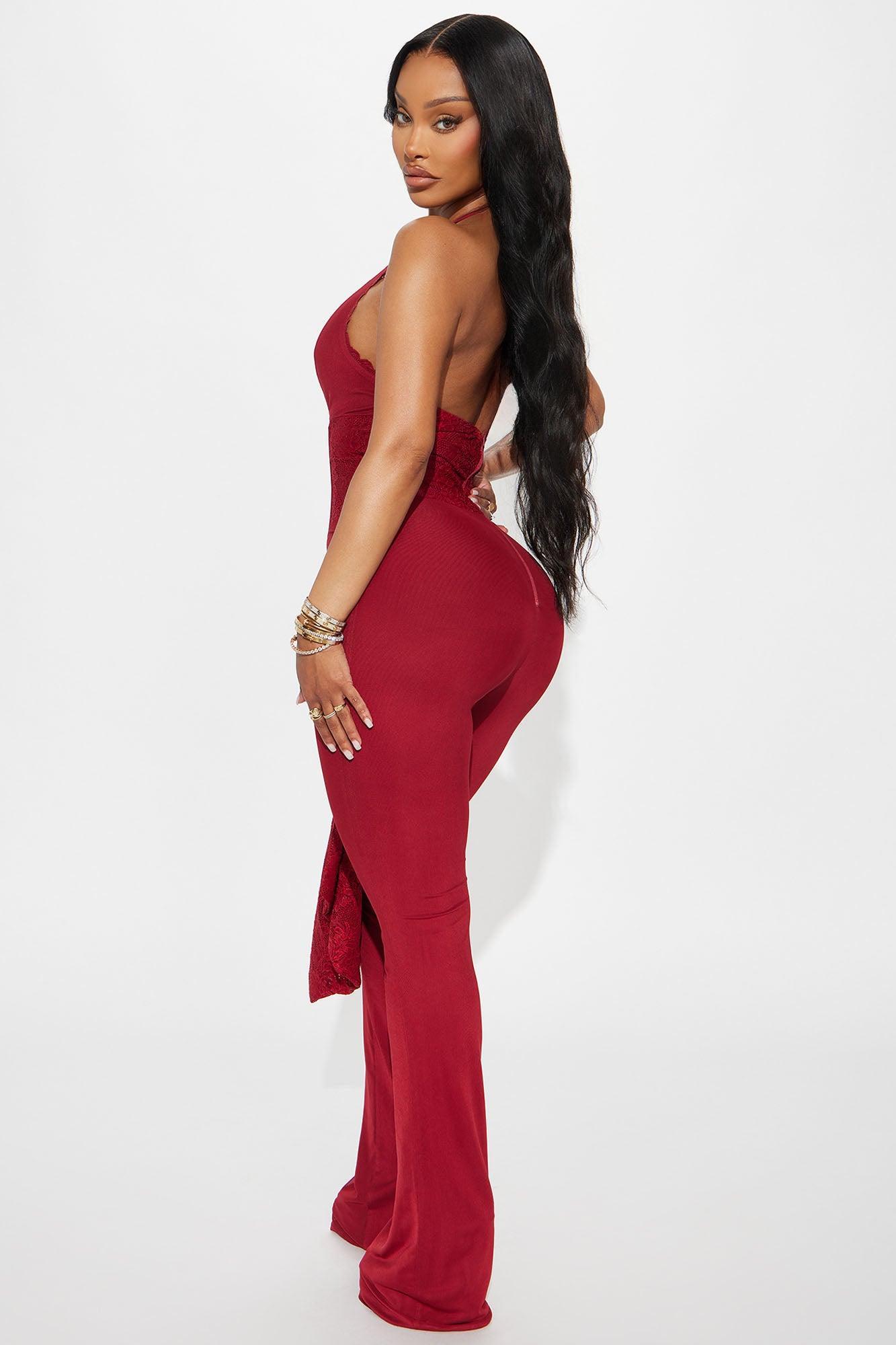 Melrose Mesh Halter Corset Jumpsuit - Burgundy Product Image