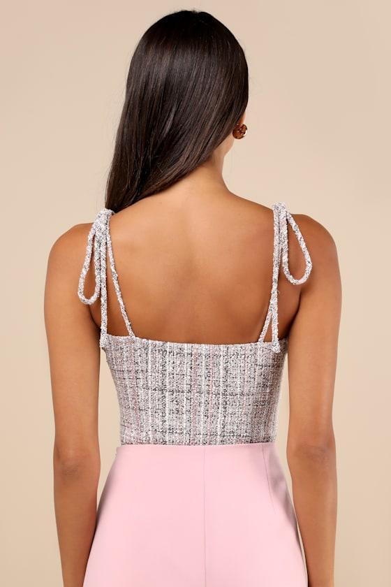 Decidedly Flirtatious Pink Tweed Tie-Strap Bodysuit Product Image