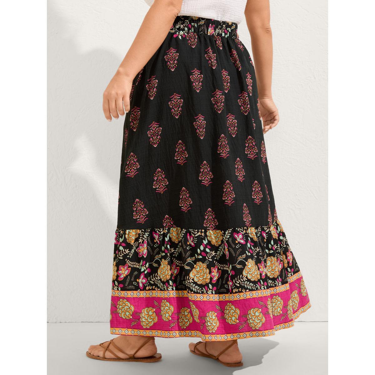 Plus Size Boho Floral Waist Stretchy Midi Skirt Women DarkGray Resort Bodycon Low stretch Side seam pocket Vacation Skirts BloomChic 28/5X Product Image