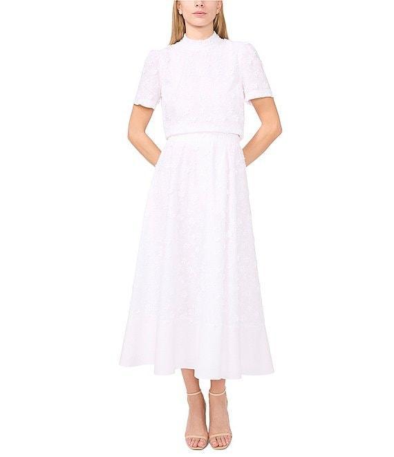 CeCe Ruffle Mock Neck Short Sleeve 3D Embroidered Flower Ruffle Top Product Image