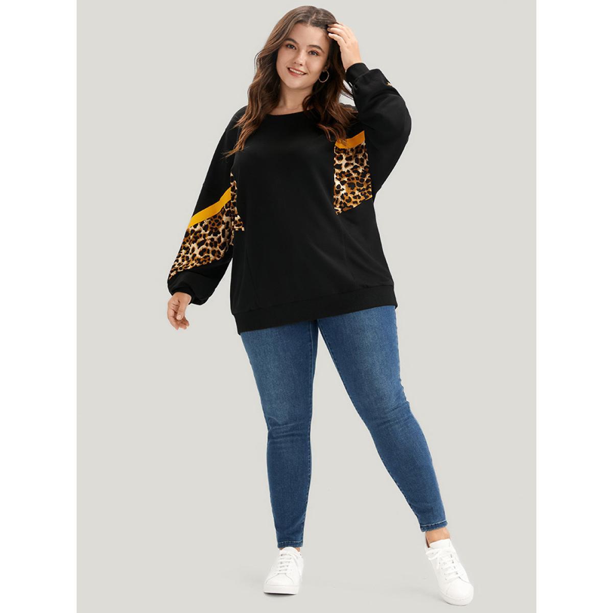 Plus Size Leopard Patchwork Contrast Lantern Sleeve Sweatshirt Women Black Casual Contrast Round Neck Dailywear Sweatshirts BloomChic 22-24/3X Product Image