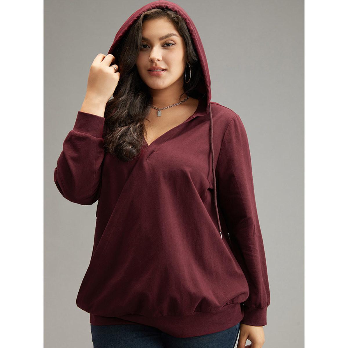 Plus Size Cotton Hooded Drawstring Sweatshirt Women Burgundy Elegant Wrap Hooded Dailywear Sweatshirts BloomChic 18-20/2X Product Image