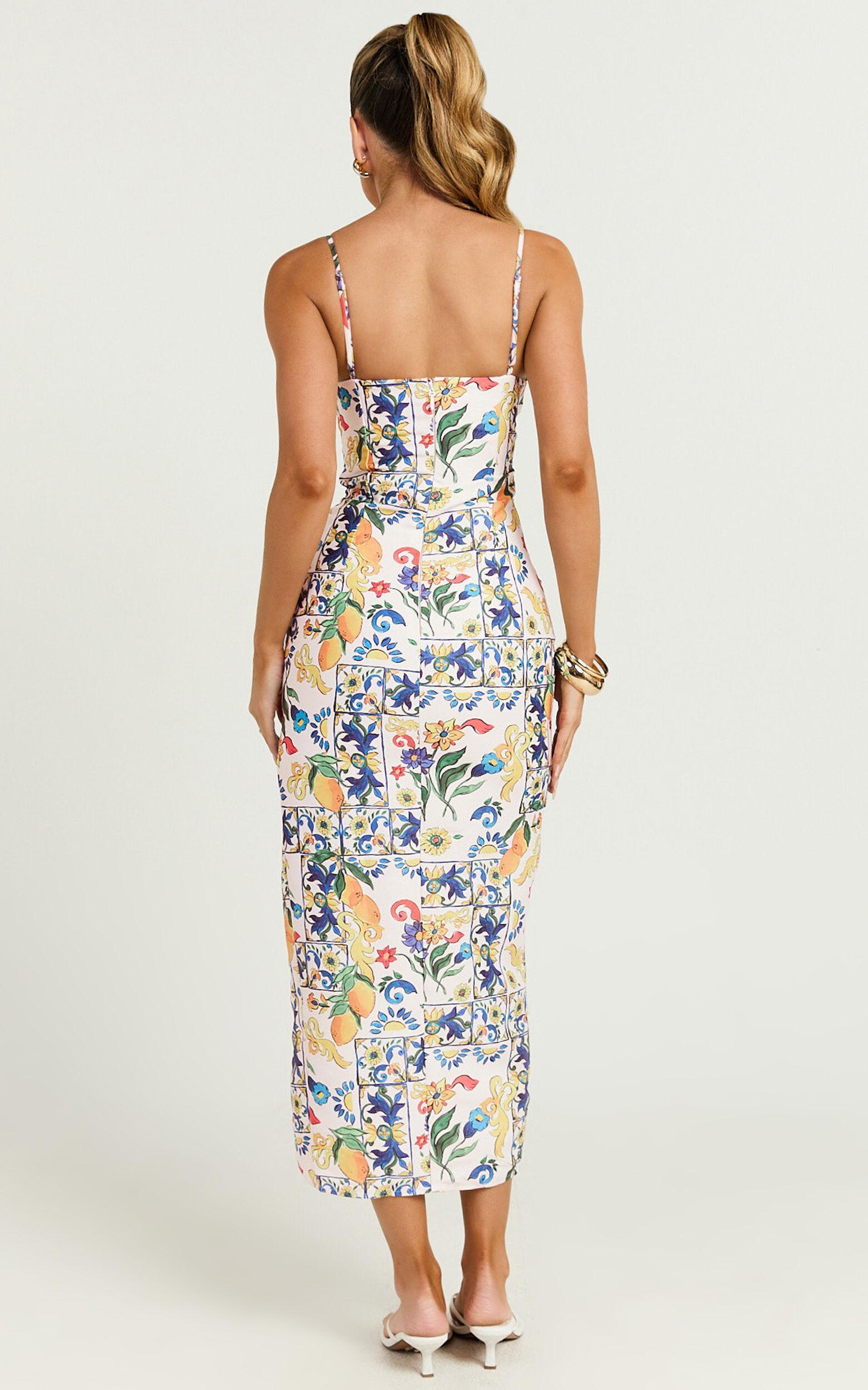 Janice Midi Dress - Knot Detail Front Split Dress in Positano Print Product Image