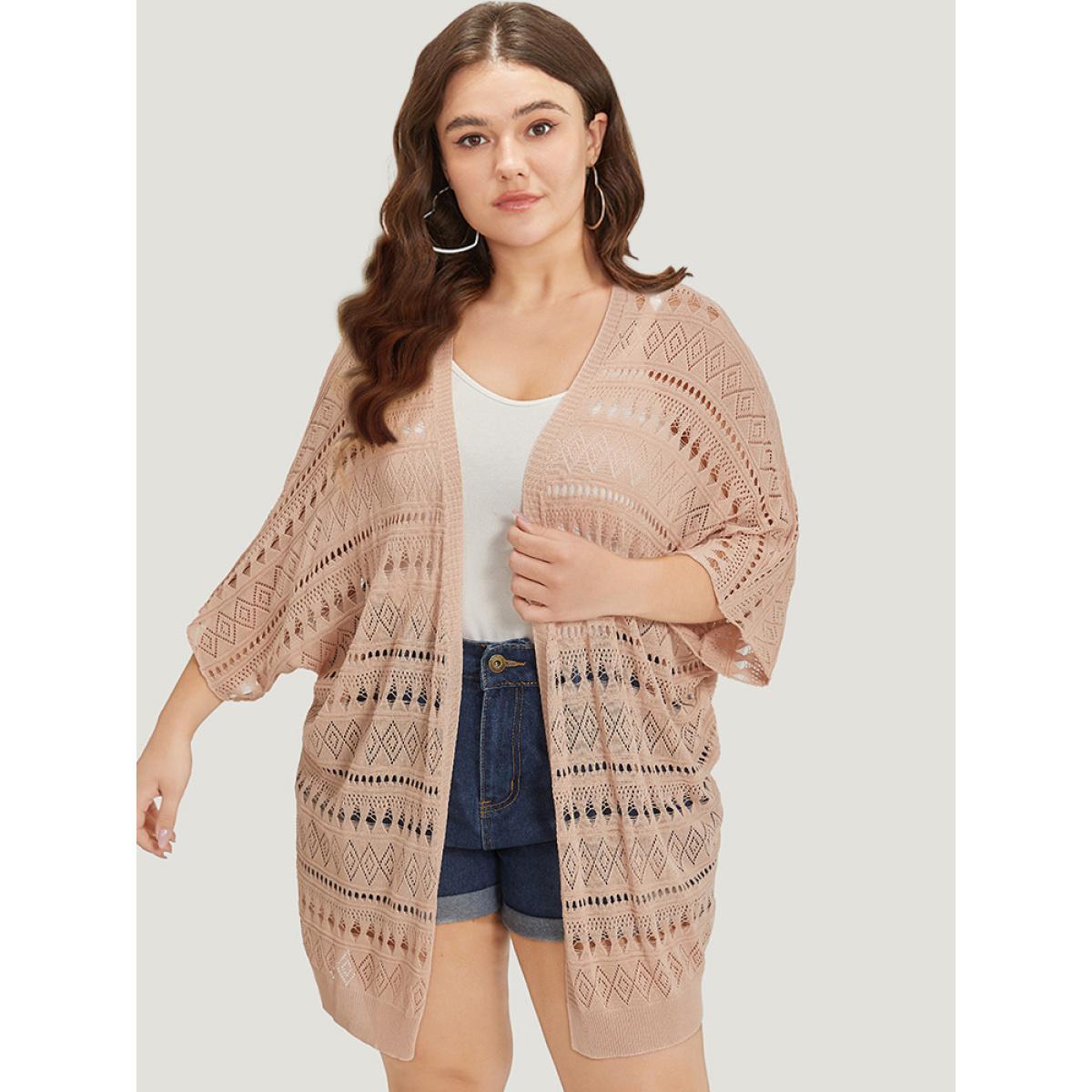 Plus Size Plain Geometric Eyelet Batwing Sleeve Open Front Cardigan Apricot Women Casual Short sleeve Everyday Cardigans BloomChic 12/L Product Image