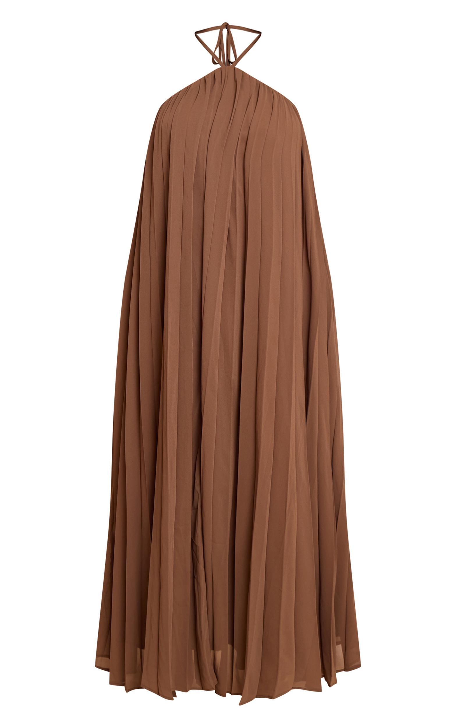 Plus Chocolate Printed Pleated Chiffon Halterneck Maxi Dress Product Image