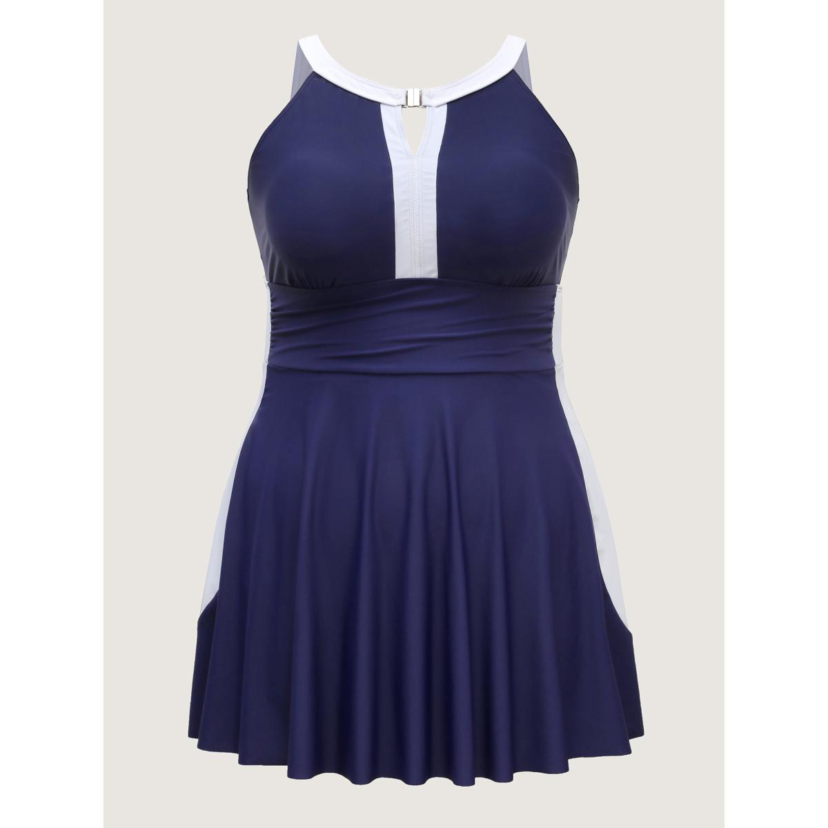 Plus Size Colorblock Contrast Neck Cut-Out Swim Dress Women's Swimwear Indigo Beach Bodycon Halter neck High stretch Curve Swim Dresses BloomChic 22-24/3X Product Image