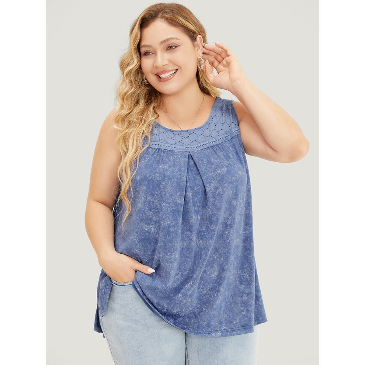 Plus Size Solid Plicated Detail Crochet Lace Tank Top Women Stone Elegant Gathered Round Neck Dailywear Tank Tops Camis BloomChic 12/L Product Image