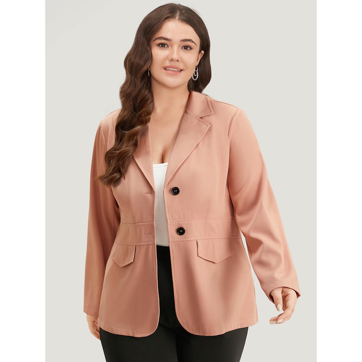 Plus Size Plain Flap Pocket Button Through Blazer Crepe Women Work Plain Plain Sleeve Long Sleeve Suit Collar 10/M Office Blazers BloomChic Product Image