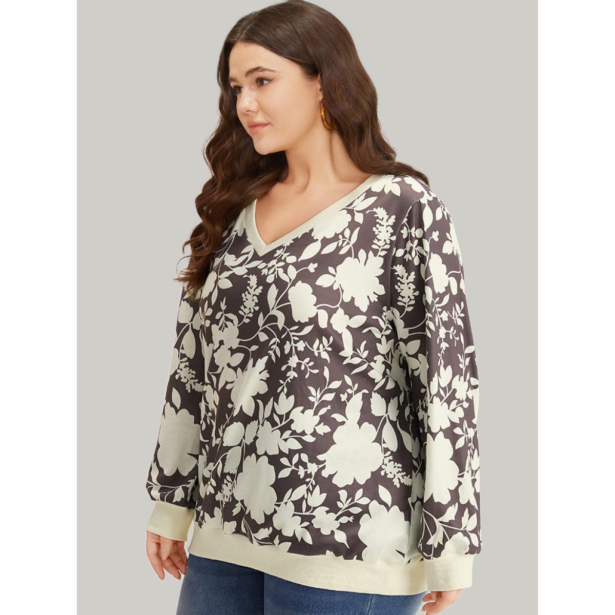 Plus Size Silhouette Floral Print Contrast Trim V Neck Sweatshirt Women DarkBrown Casual Elastic cuffs V-neck Dailywear Sweatshirts BloomChic 18-20/2X Product Image