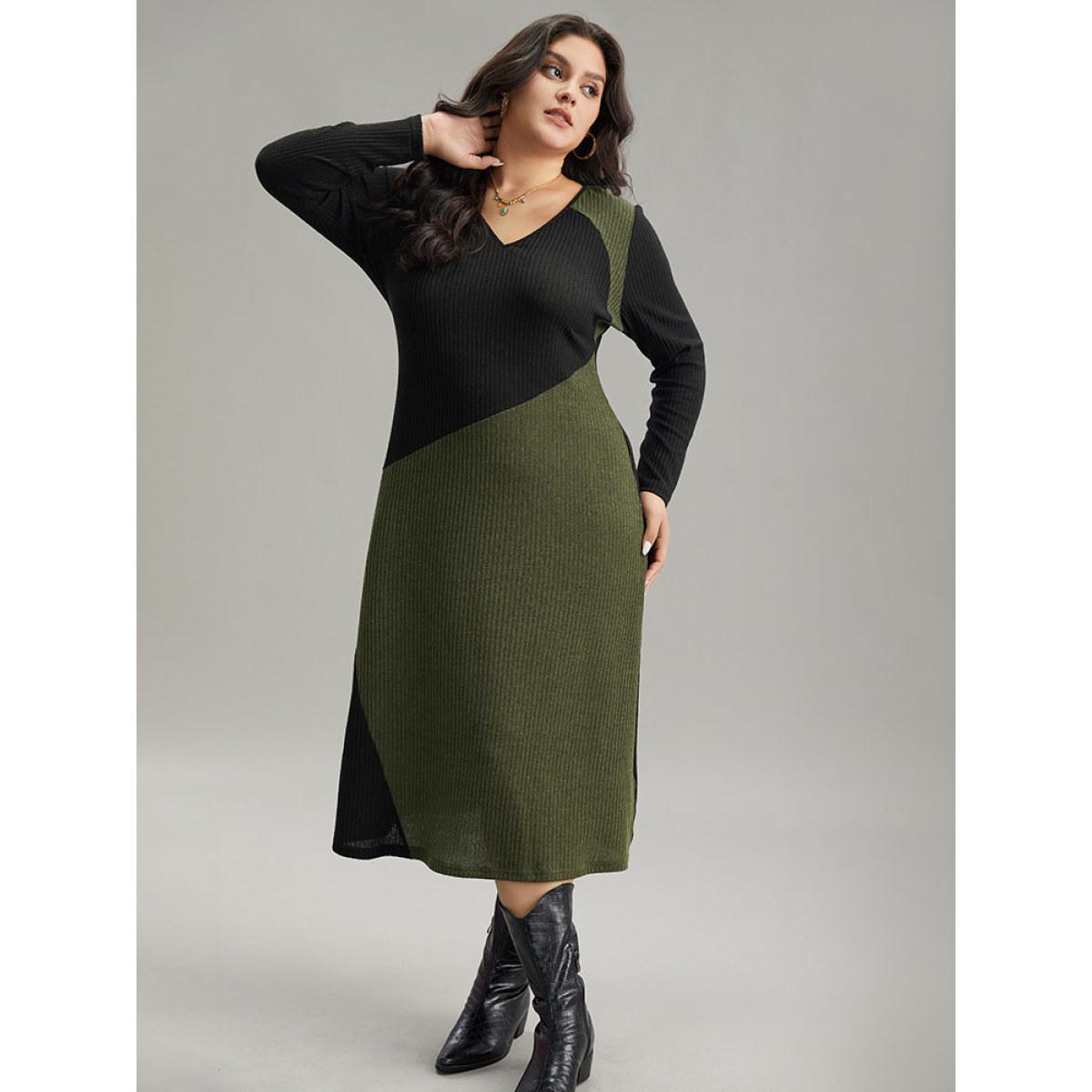 Plus Size Two Tone Patchwork V Neck Dress Multicolor Women Casual Patchwork V-neck Long Sleeve Curvy Midi Dress BloomChic 18-20/2X Product Image
