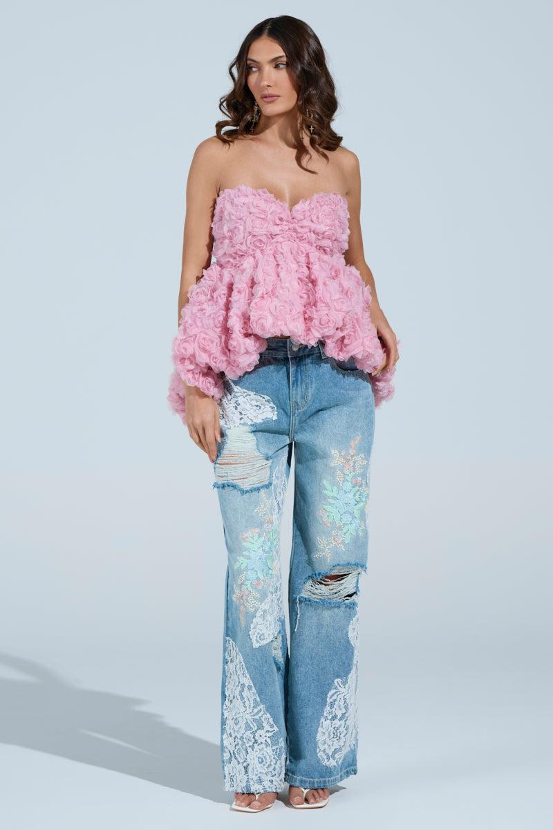 PICKING PEDALS FLORAL AND LACE DETAIL DENIM PANTS Product Image