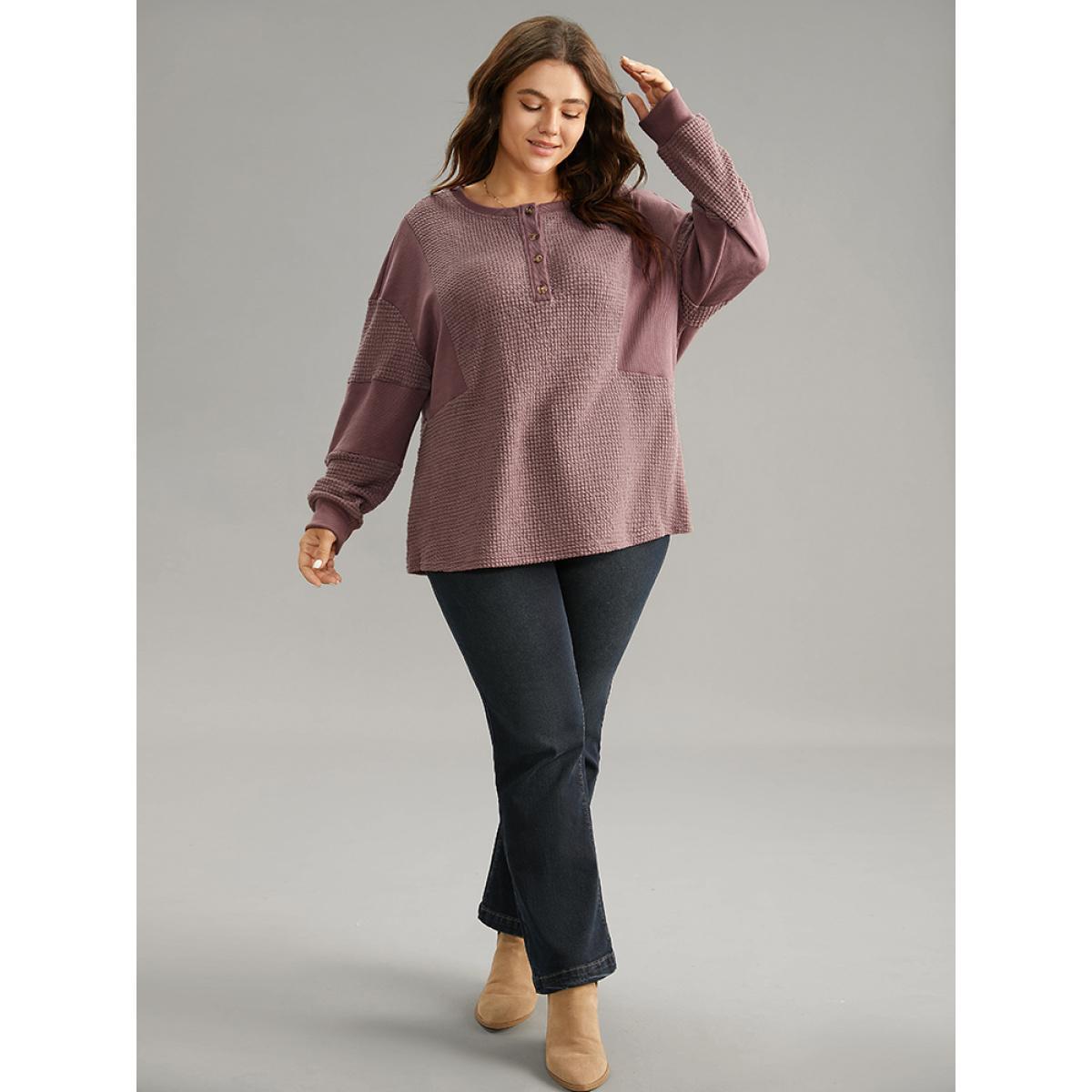 Plus Size Waffle Knit Patchwork Rib Knit Button Down Sweatshirt Women DustyPink Casual Rib Knit Open Front Dailywear Sweatshirts BloomChic 30/6X Product Image