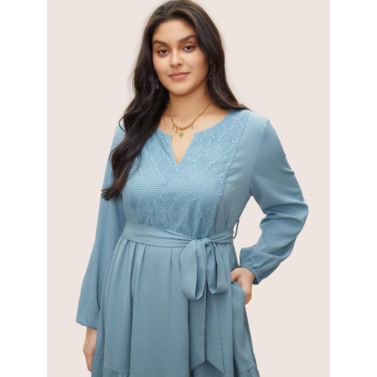 Plus Size Geometric Hollow Out Notched Ruffle Layered Hem Dress LightBlue Women Elegant Broderie anglaise Round Neck Long Sleeve Curvy Midi Dress BloomChic 18-20/2X Product Image