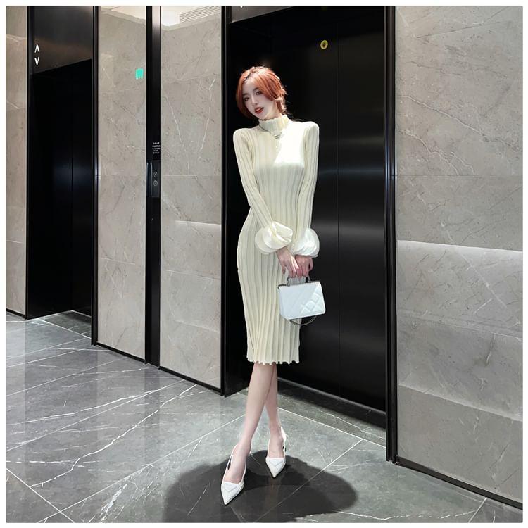Long Sleeve Petal Cuff Mock Neck Plain Ribbed Midi Sheath Sweater Dress Product Image