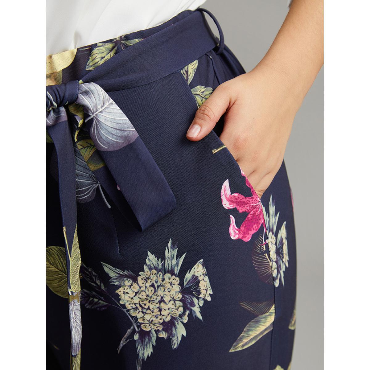 Plus Size Floral Print Belted Straight Leg Pants Women Indigo Elegant Wide Leg High Rise Dailywear Pants BloomChic 22-24/3X Product Image