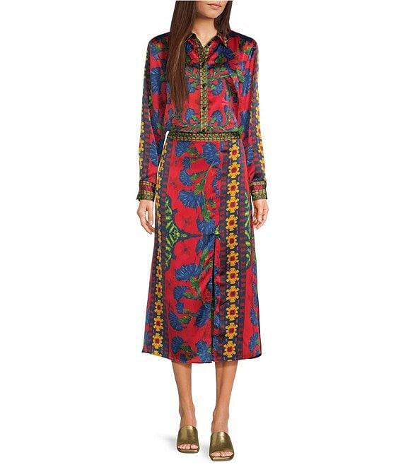 Chelsea & Violet Cora Satin Ikat Print Pointed Collar Button Front Shirttail Long Sleeve Coordinating Blouse Product Image
