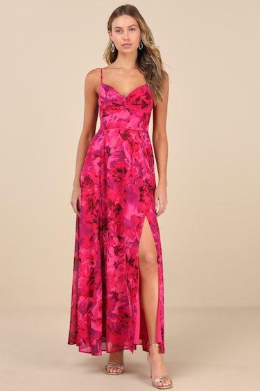 Beautiful Soul Fuchsia Floral Print Twist-Front Maxi Dress Product Image