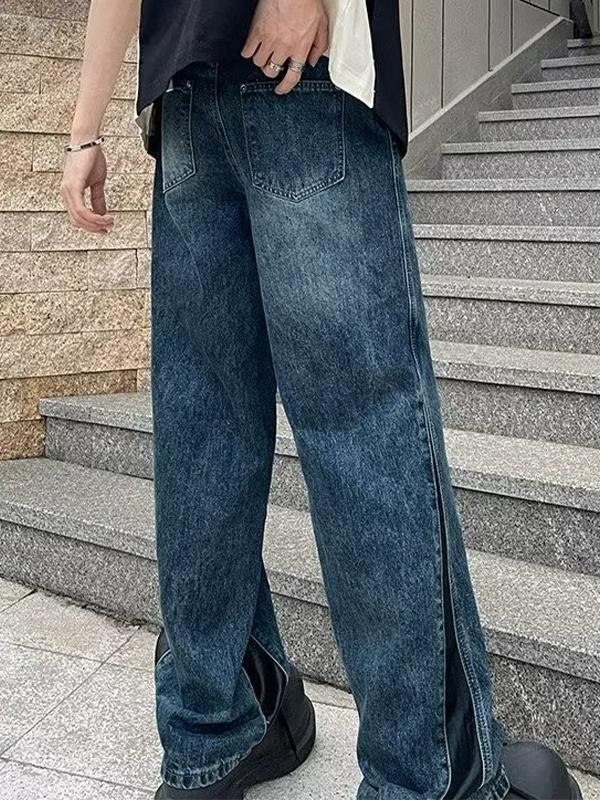 Men's Vintage Blue Splice Loose Jeans Product Image