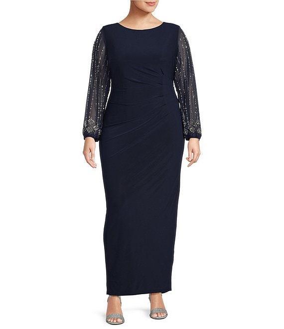 Marina Plus Size Boat Neck Long Beaded Sleeve Elastic Cuff Back Slit Matte Jersey Gown Product Image