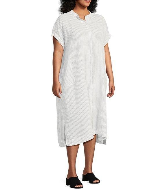 Eileen Fisher Plus Size Puckered Organic Linen Stripe Mandarin Collar Short Sleeve Midi Dress Product Image