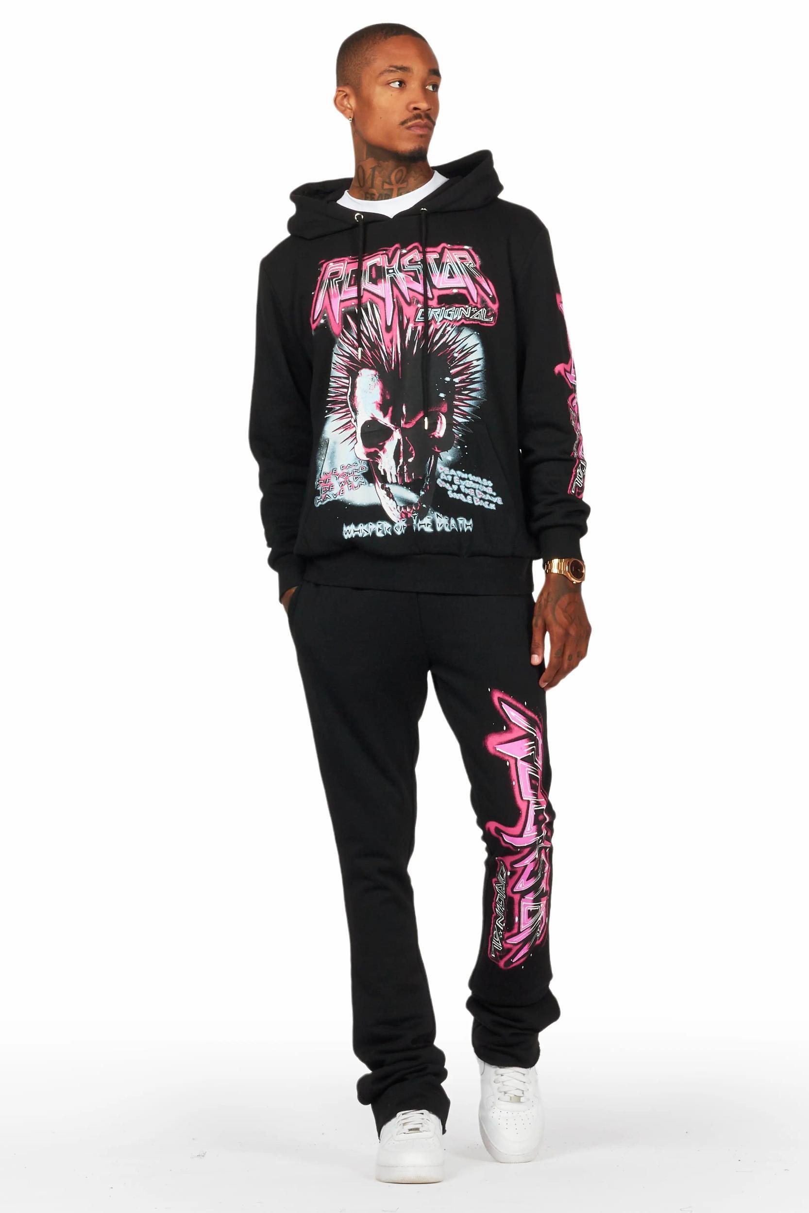 Obern Black/Black Graphic Hoodie/Stacked Flare Pant Track Set Male Product Image