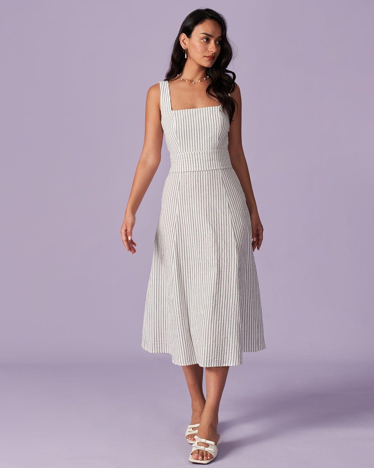 The White Square Neck Striped Midi Dress Product Image