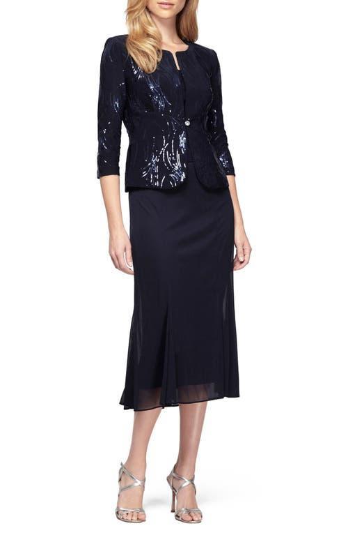 Alex Evenings Square Neck 34 Sleeve Sequin Waves 2-Piece Midi Jacket Dress Product Image