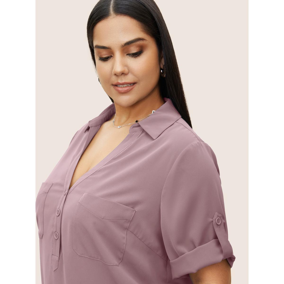 Plus Size Mauve Shirt Collar Patched Pocket Tab Sleeve Blouse Women Work From Home Elbow-length sleeve Shirt collar Work Blouses BloomChic 22-24/3X Product Image