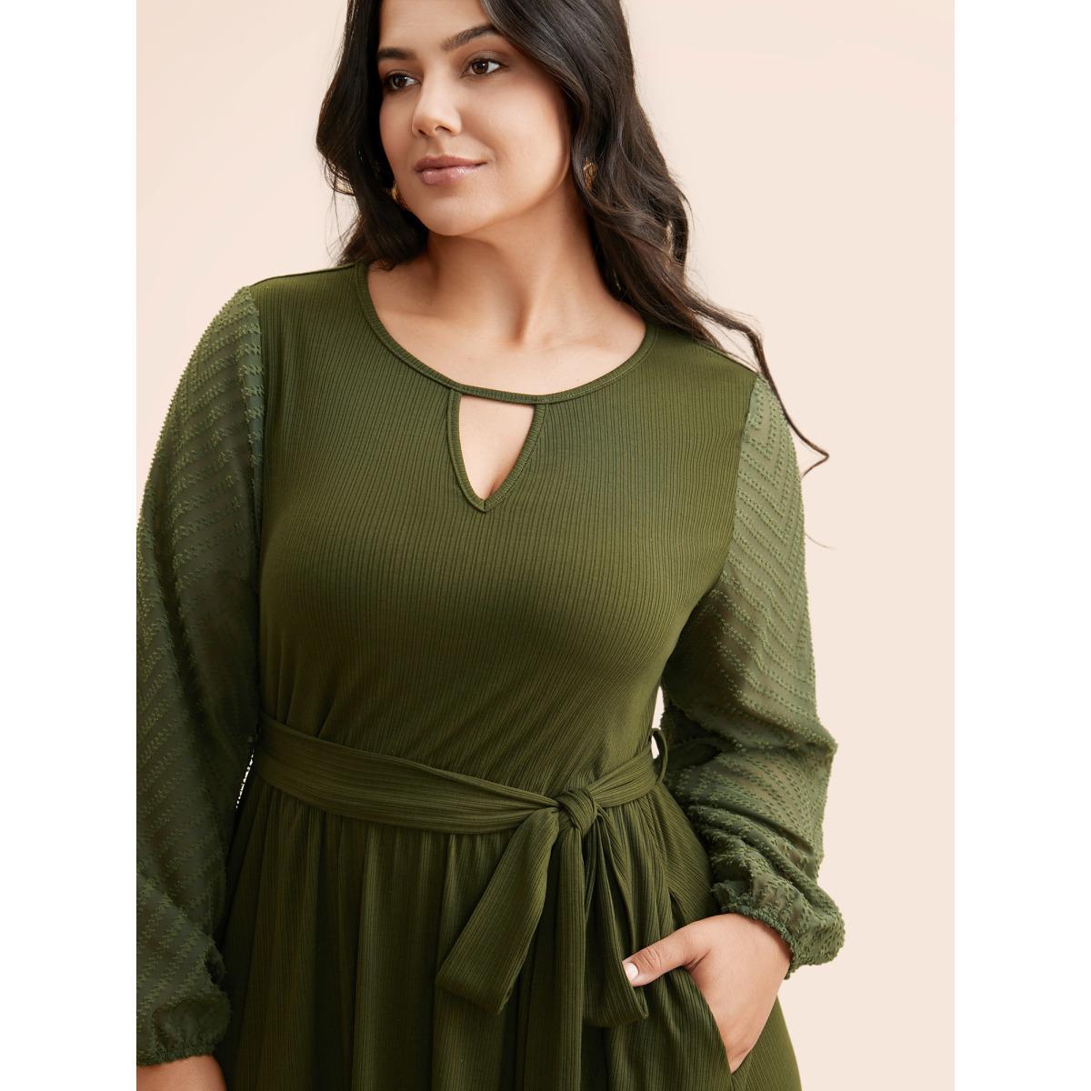 Plus Size Textured Patchwork Keyhole Belted Dress Moss Women Elegant Texture Round Neck Long Sleeve Curvy BloomChic 26/4X Product Image