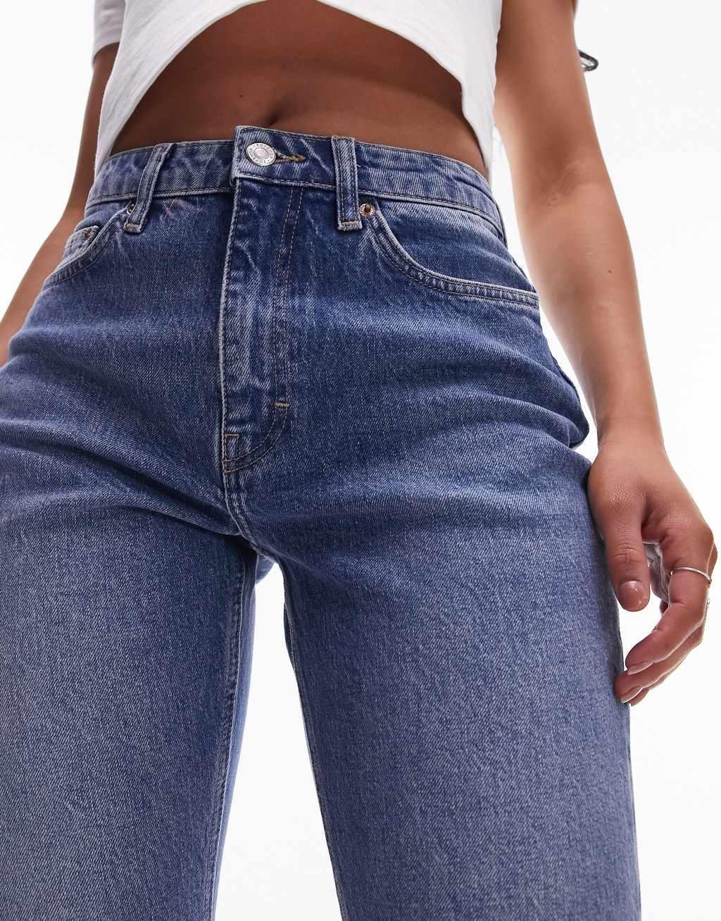 Topshop Hourglass cropped mid rise straight jeans with raw hems in mid blue  Product Image
