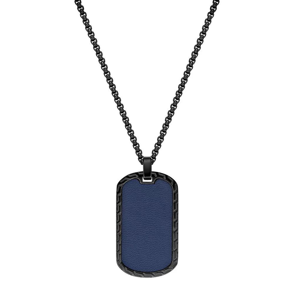 Men's LYNX Stainless Steel Blue Leather Dog Tag Pendant Necklace, Size: 24" Product Image