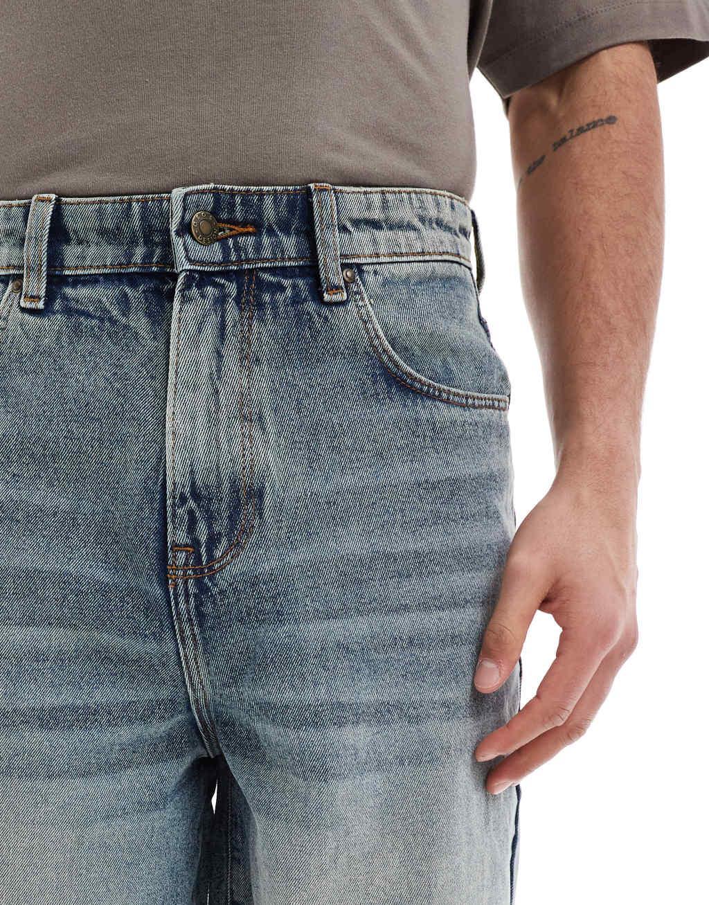 ASOS DESIGN longer length denim jorts in light wash blue with tint Product Image