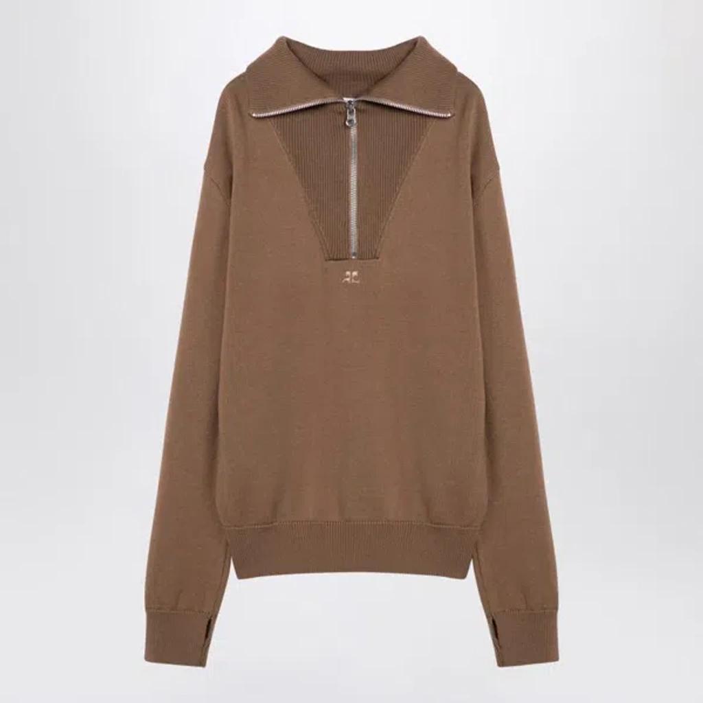 COURRÈGES Beige Wool Zip Sweater In Brown Product Image