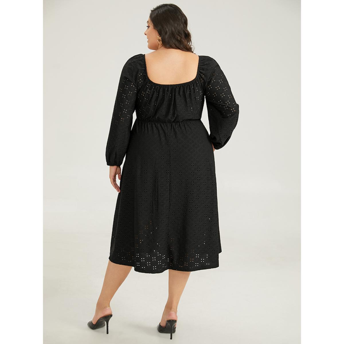 Plus Size Plain Square Neck Laser Cut Lantern Sleeve Dress Black Women Elegant Elastic cuffs Square Neck Long Sleeve Curvy Midi Dress BloomChic 18-20/2X Product Image