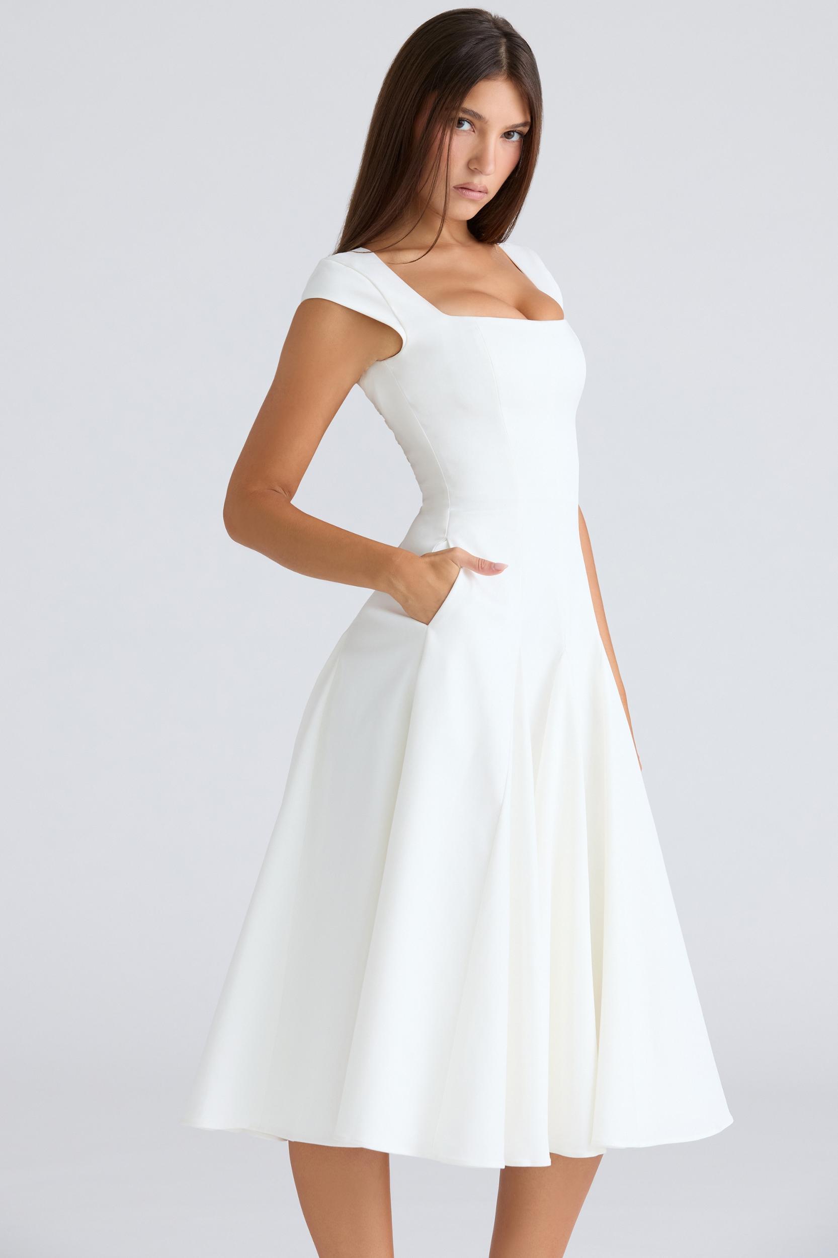 Raisa  white square neck twill midi dress Product Image