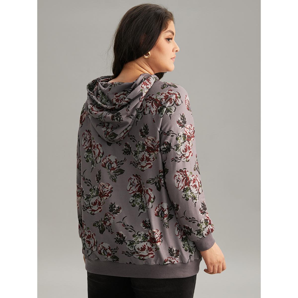Plus Size Floral Drawstring Hooded Kangaroo Pocket Sweatshirt Women Gray Elegant Printed Hooded Dailywear Sweatshirts BloomChic 12/L Product Image