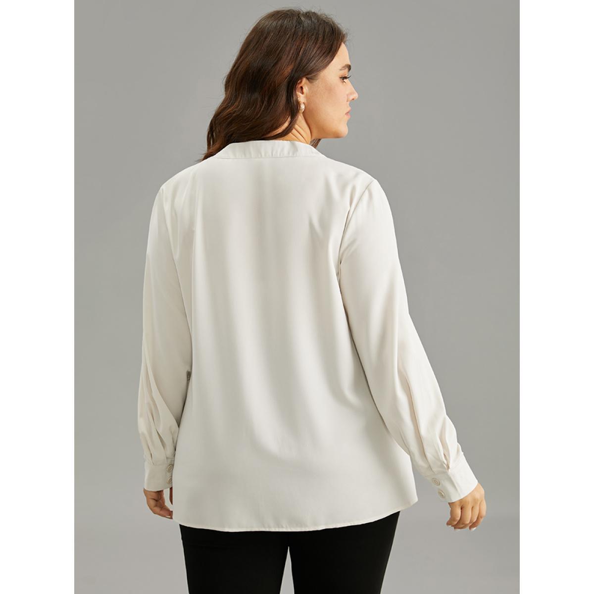 Plus Size Ivory Solid Notched Button Through Blouse Women Office Long Sleeve Notched collar Work Blouses BloomChic 30/6X Product Image