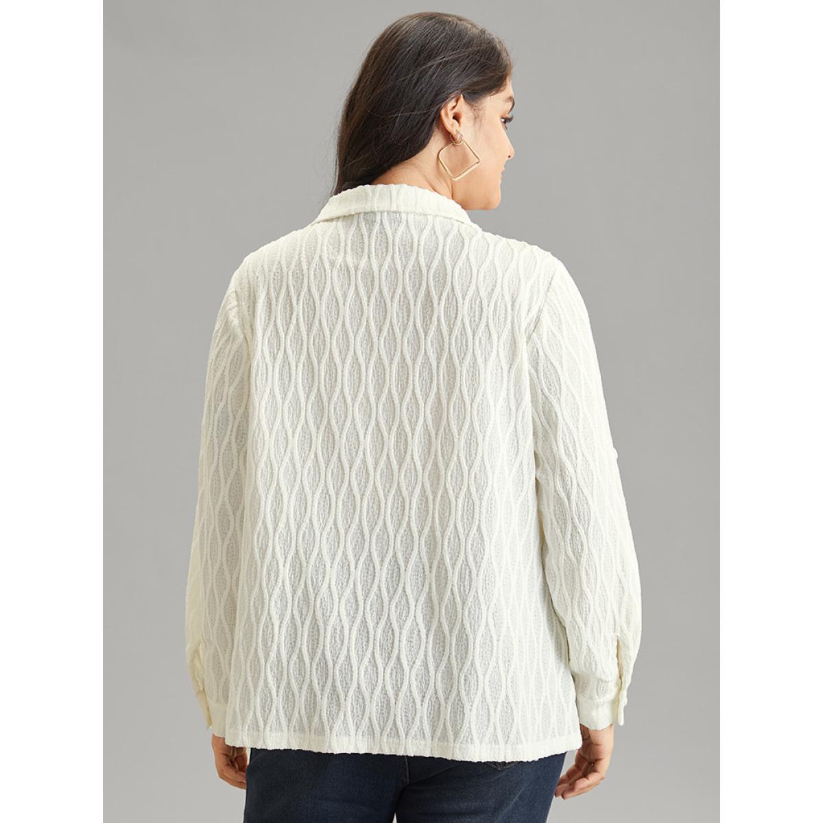 Plus Size Ivory Plain Shirt Collar Tab Sleeve Jacquard Blouse Women Casual Long Sleeve Shirt collar Work Blouses BloomChic 28/5X Product Image