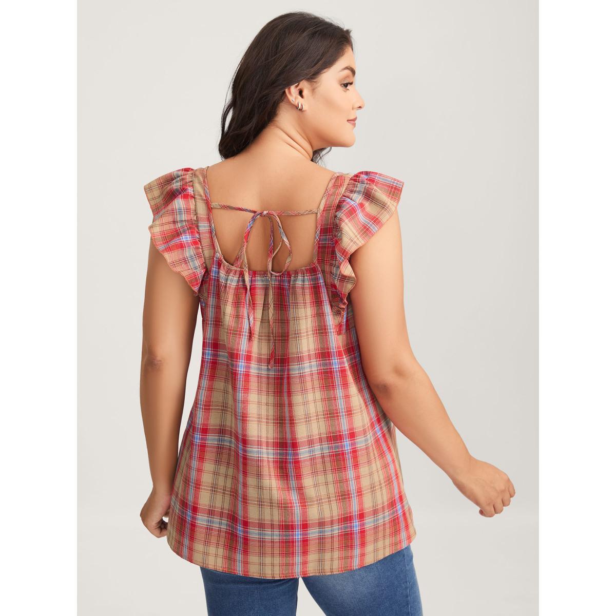 Plus Size Raspberry Plaid Print Flutter Sleeve Pleated Blouse Women Cap Sleeve Square Neck Everyday-Casual Blouses BloomChic 10/M Product Image