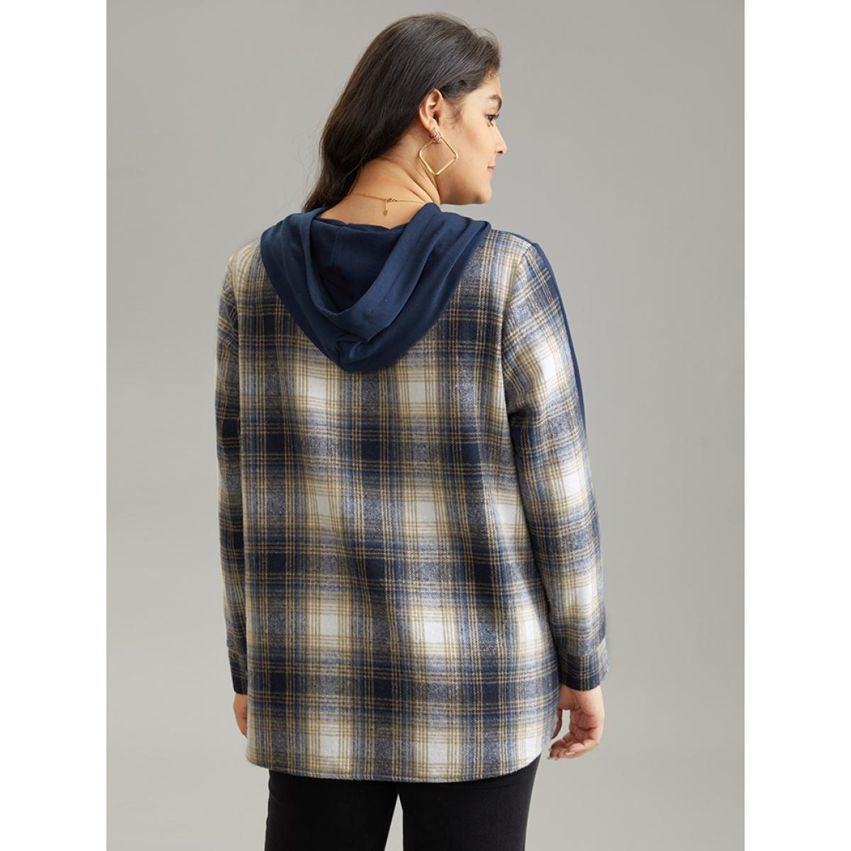 Plus Size Contrast Plaid Hooded Curved Hem Sweatshirt Women Blue Casual Contrast Hooded Dailywear Sweatshirts BloomChic 28/5X Product Image